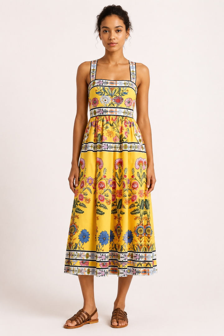 Dames midi jurk met bloemen in hoge taille - Nele