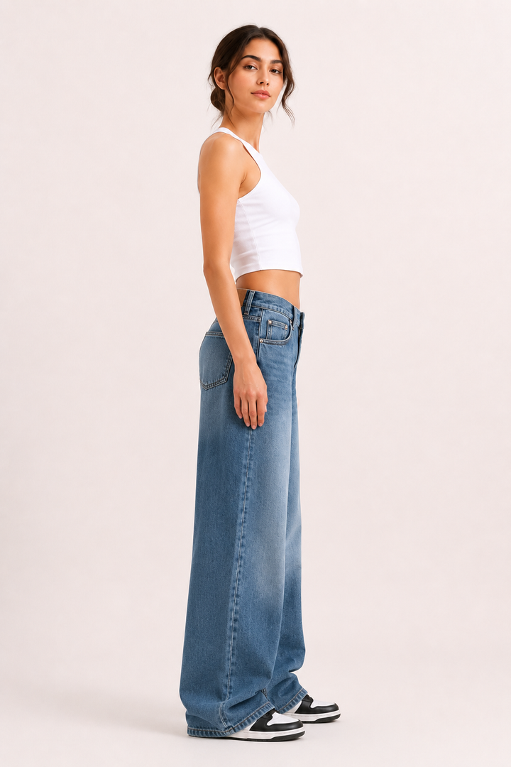 Damesjeans met wijde pijpen, lichte wassing en lange zoom - Helga