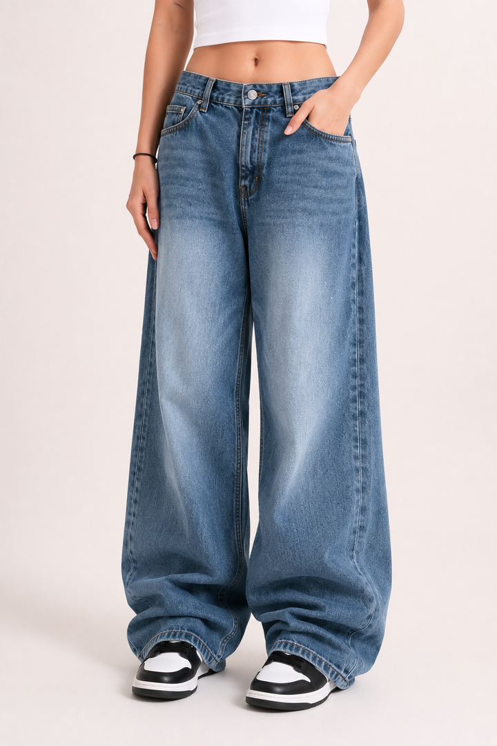 Damesjeans met wijde pijpen, lichte wassing en lange zoom - Helga