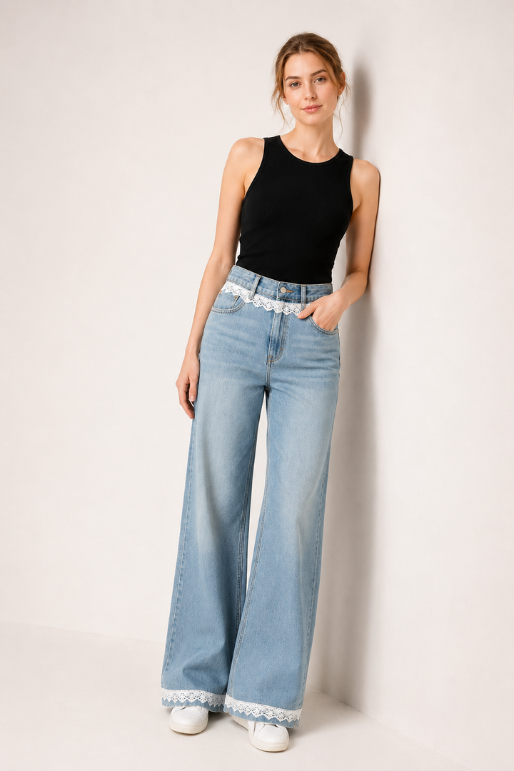 Damesjeans met wijde pijpen en hoge taille, voorzien van kanten details - Irma