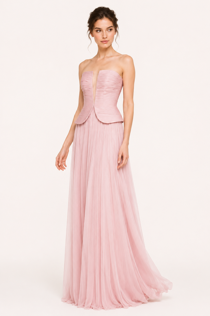 Elegante lange strapless geplooide jurk voor dames - Enice