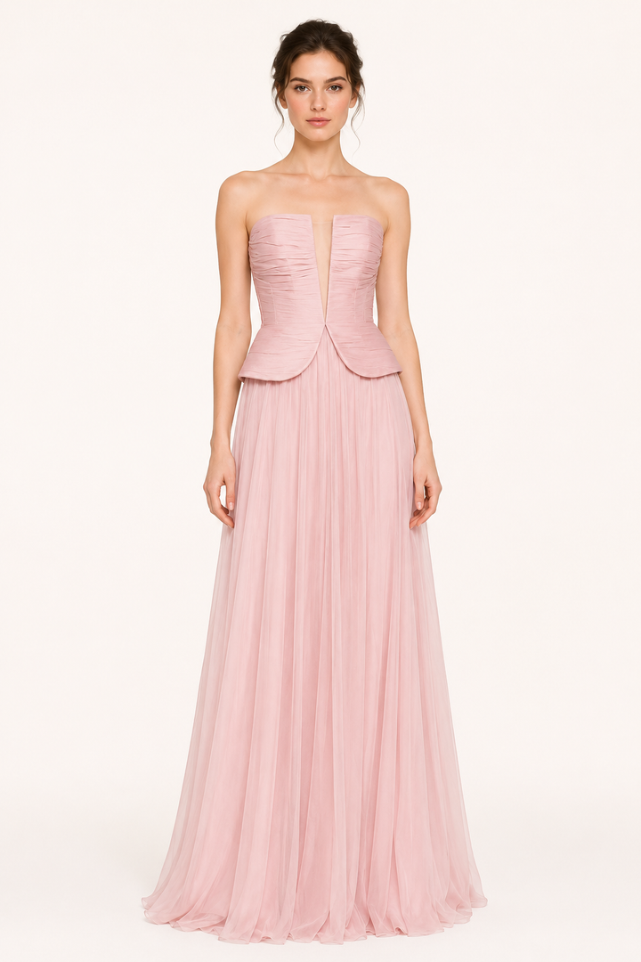 Elegante lange strapless geplooide jurk voor dames - Enice
