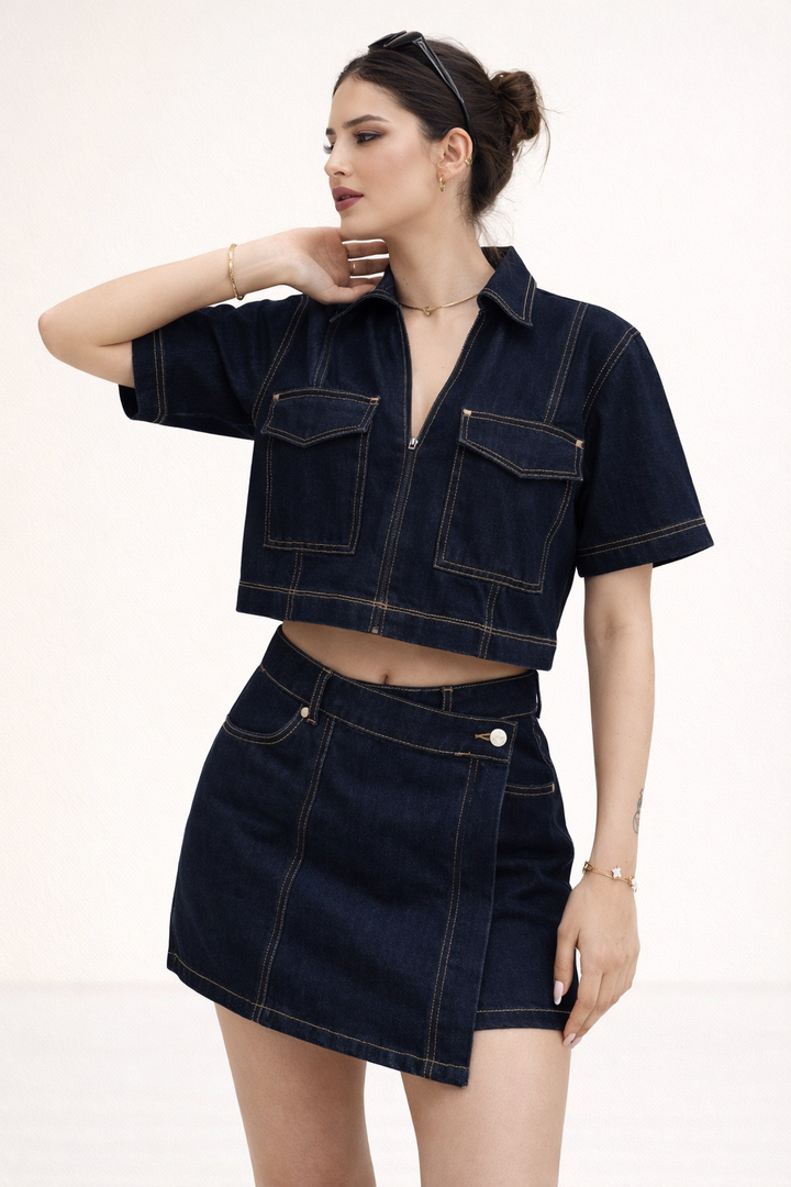 Dames denim zomerset korte rok korte mouw denim top - Arisha