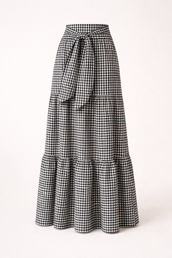 Lange damesrok met strik in de taille en ruitjesprint - Ailsa