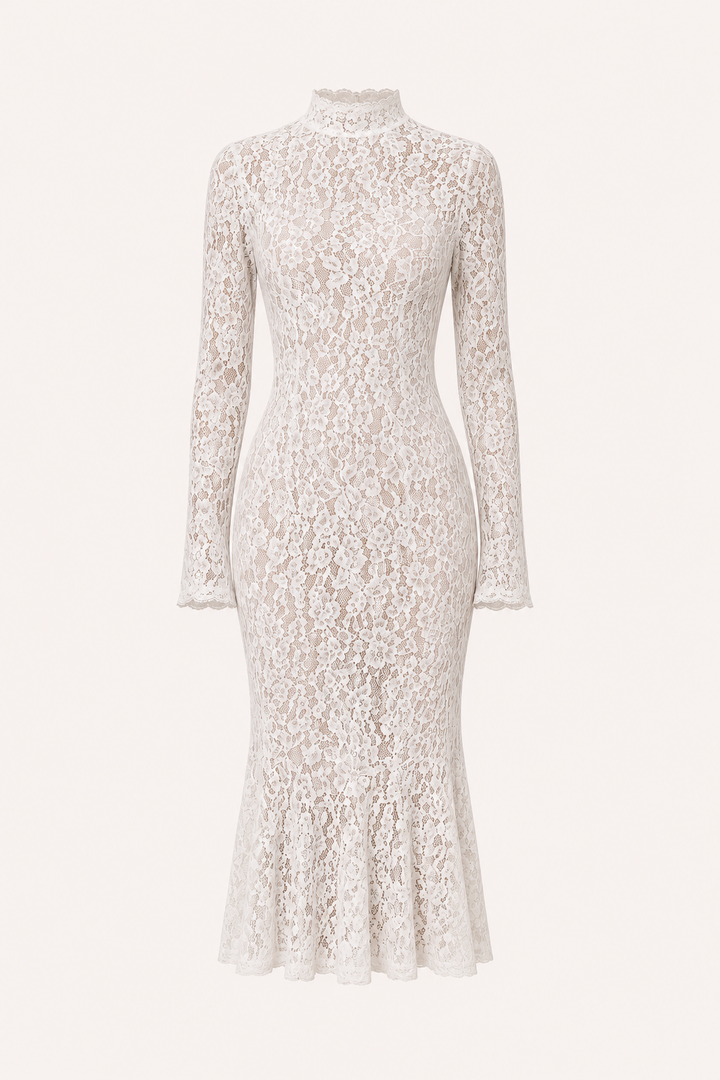 Elegante midi-jurk met kant en hoge hals voor dames - Samara