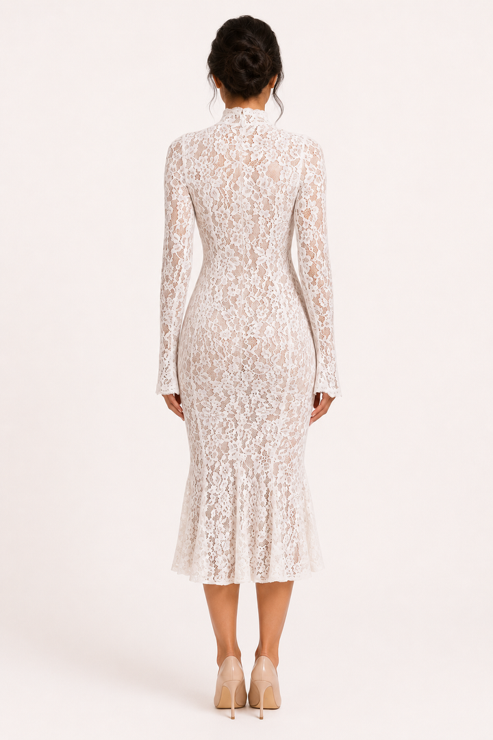 Elegante midi-jurk met kant en hoge hals voor dames - Samara