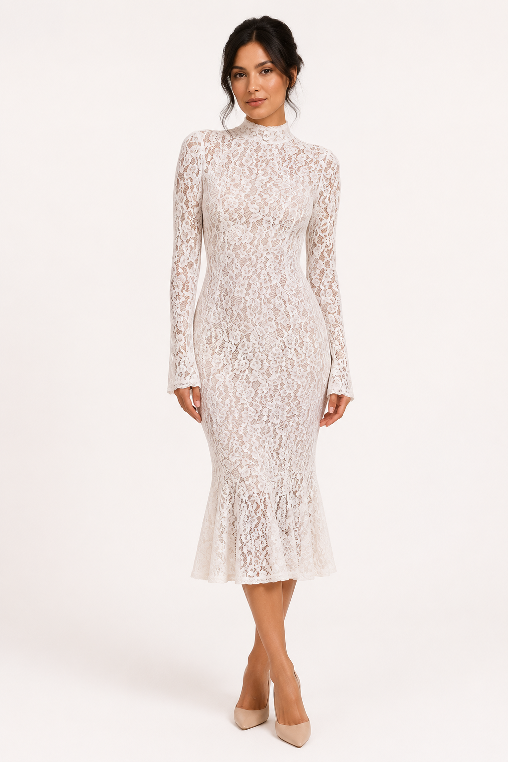 Elegante midi-jurk met kant en hoge hals voor dames - Samara