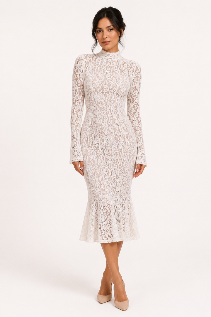Elegante midi-jurk met kant en hoge hals voor dames - Samara