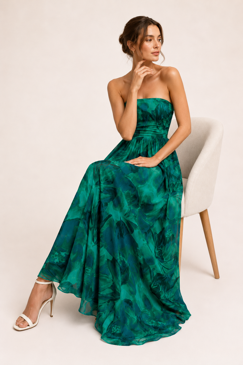 Vintage strapless damesjurk met bloemenprint en wijde rok - Elfriede