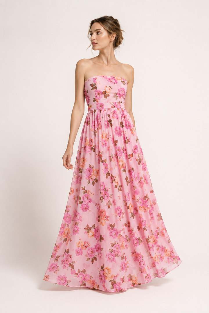 Vintage strapless damesjurk met bloemenprint en wijde rok - Elfriede