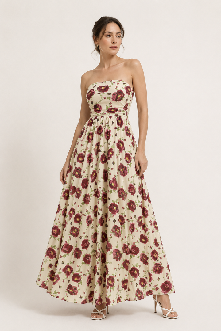 Vintage strapless damesjurk met bloemenprint en wijde rok - Elfriede