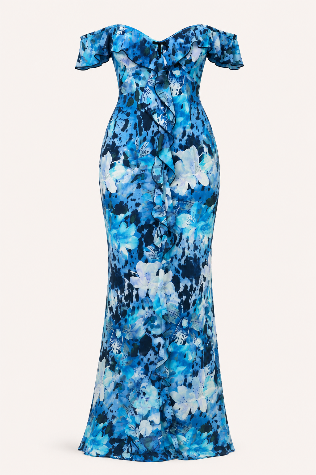 Lange jurk met print voor dames, met blote schouders - Käthe