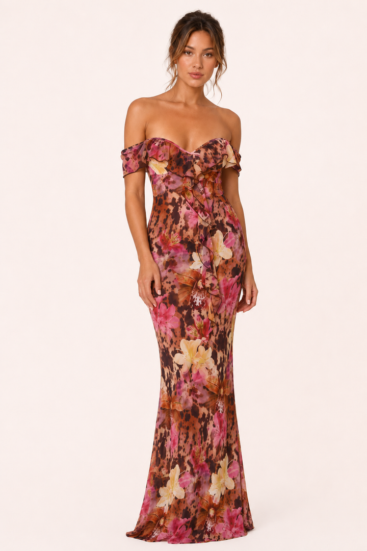 Lange jurk met print voor dames, met blote schouders - Käthe