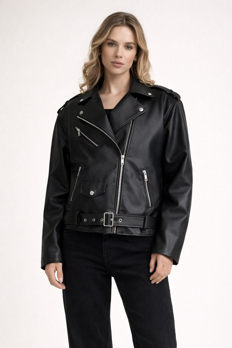 Dames bikerjack met lederlook en riem - Ylena