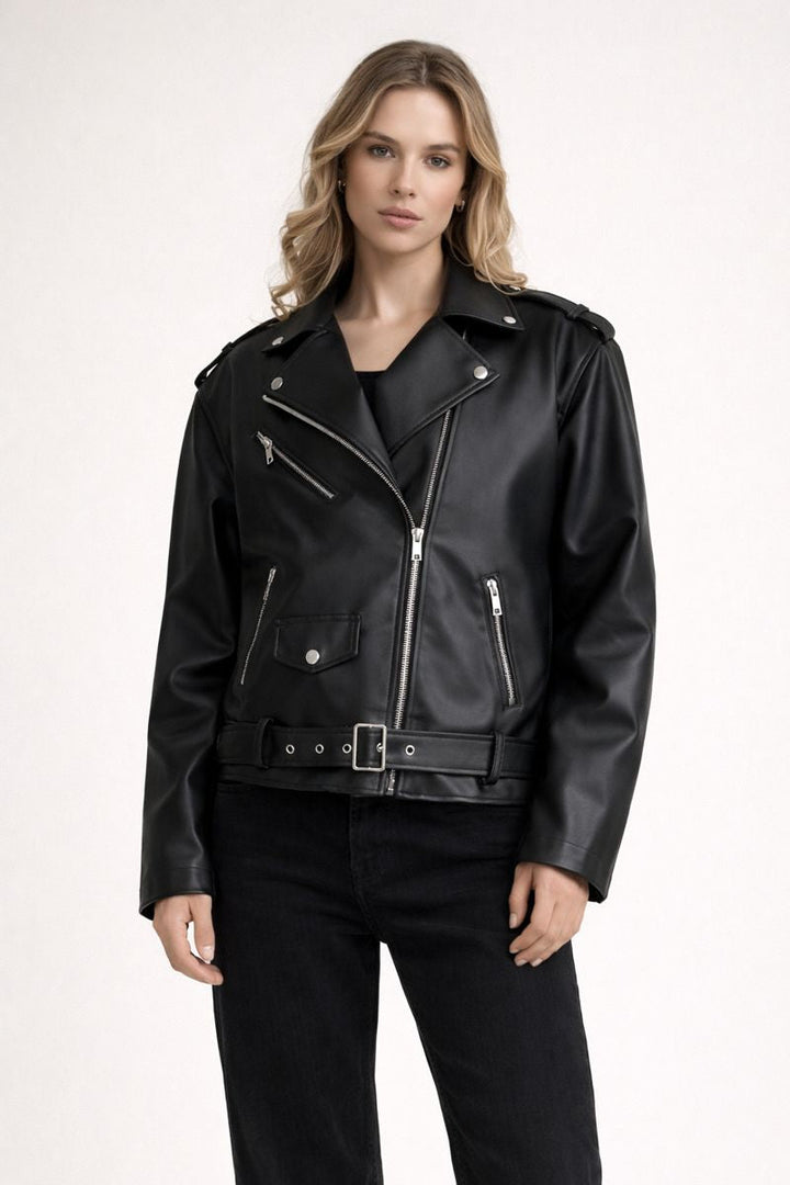 Dames bikerjack met lederlook en riem - Ylena