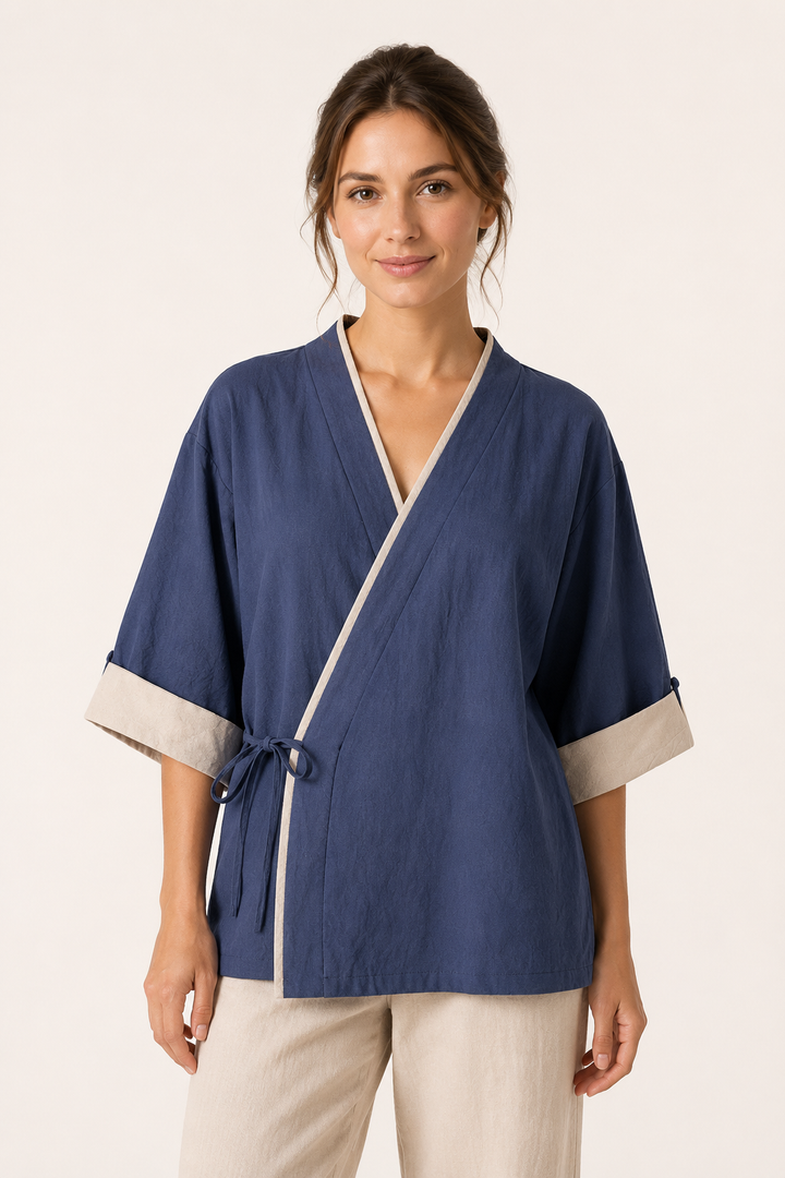 Dames kimono gekruiste blouse met biezen - Frida