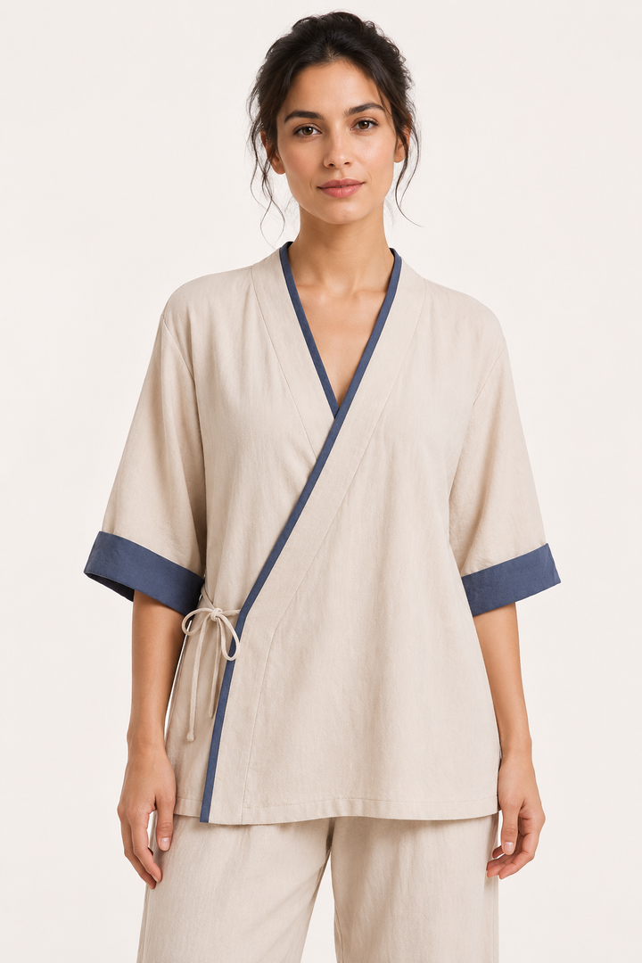 Dames kimono gekruiste blouse met biezen - Frida