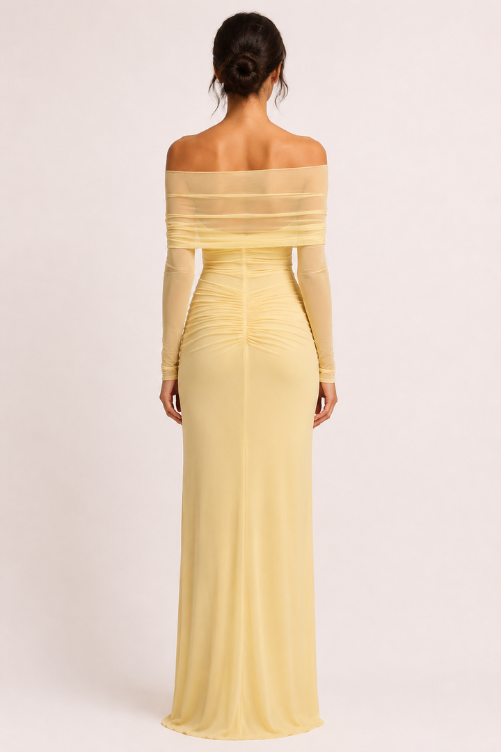 Lange jurk vrouw bruiloft gast blote schouders split taille elegant - Helene