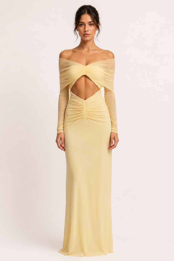 Lange jurk vrouw bruiloft gast blote schouders split taille elegant - Helene