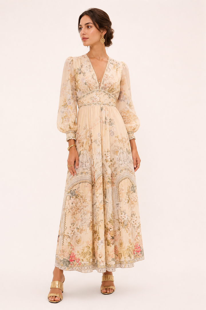 Dames midi-jurk V-halslijn hoge taille pofmouwen - Connie