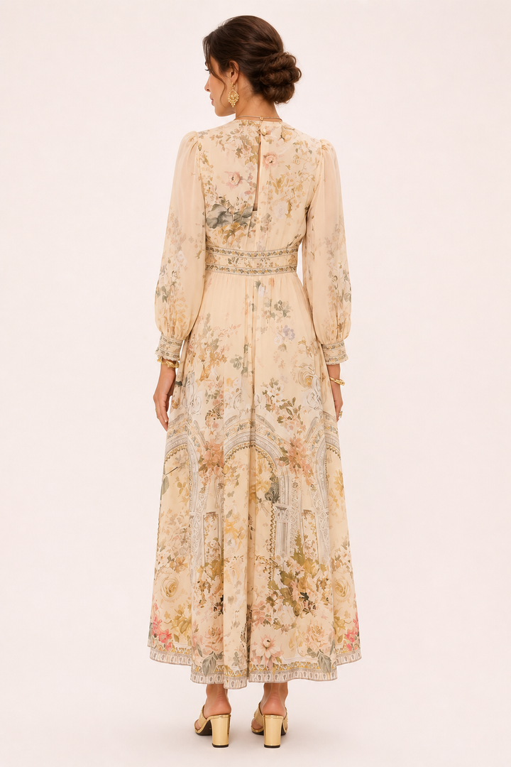 Dames midi-jurk V-halslijn hoge taille pofmouwen - Connie