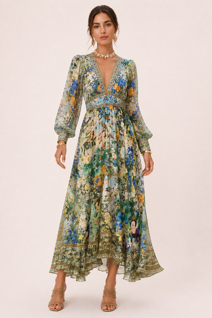 Dames midi-jurk V-halslijn hoge taille pofmouwen - Connie