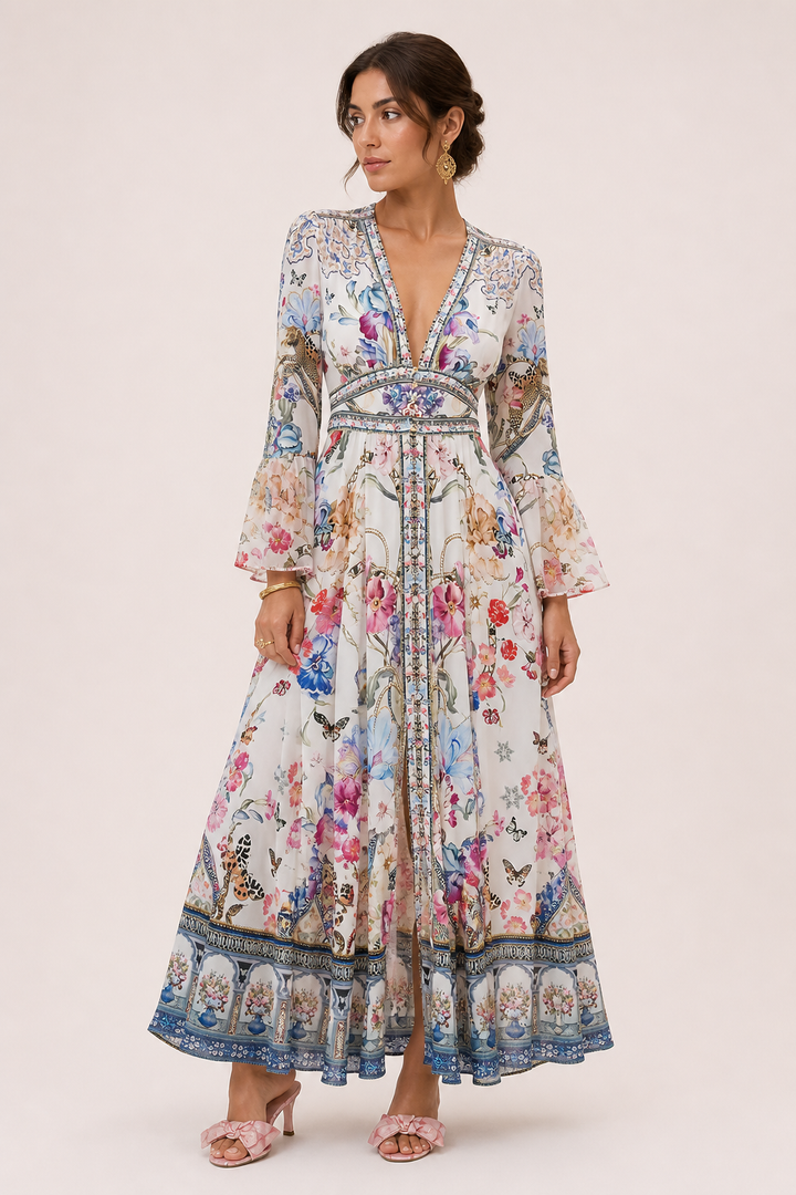 Dames midi-jurk V-halslijn hoge taille pofmouwen - Connie