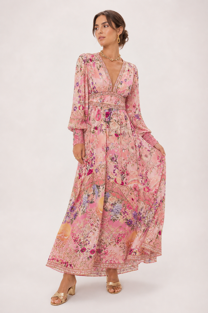 Dames midi-jurk V-halslijn hoge taille pofmouwen - Connie