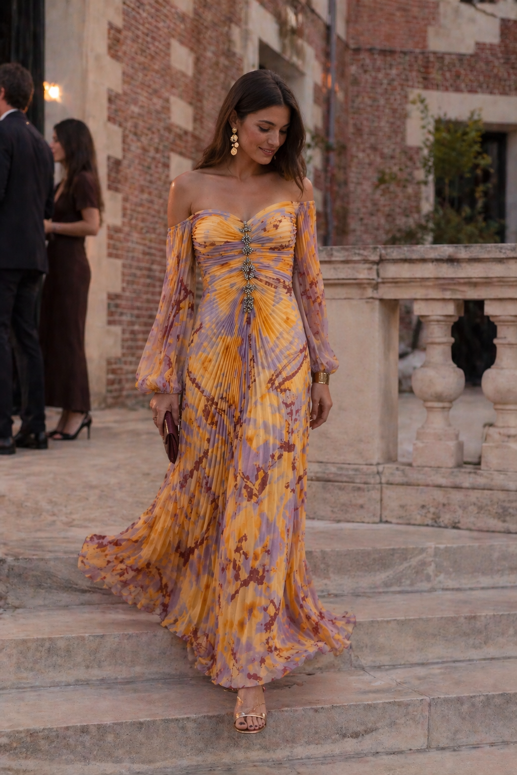Lange elegante damesjurk met geplooide split - Lucia