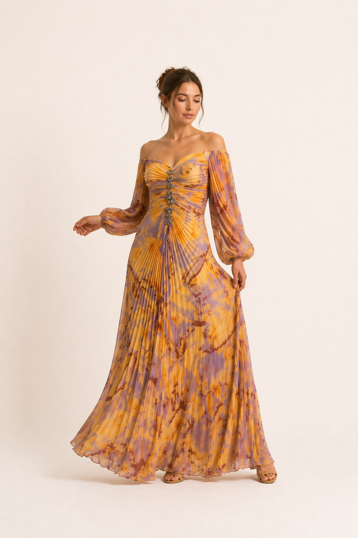 Lange elegante damesjurk met geplooide split - Lucia