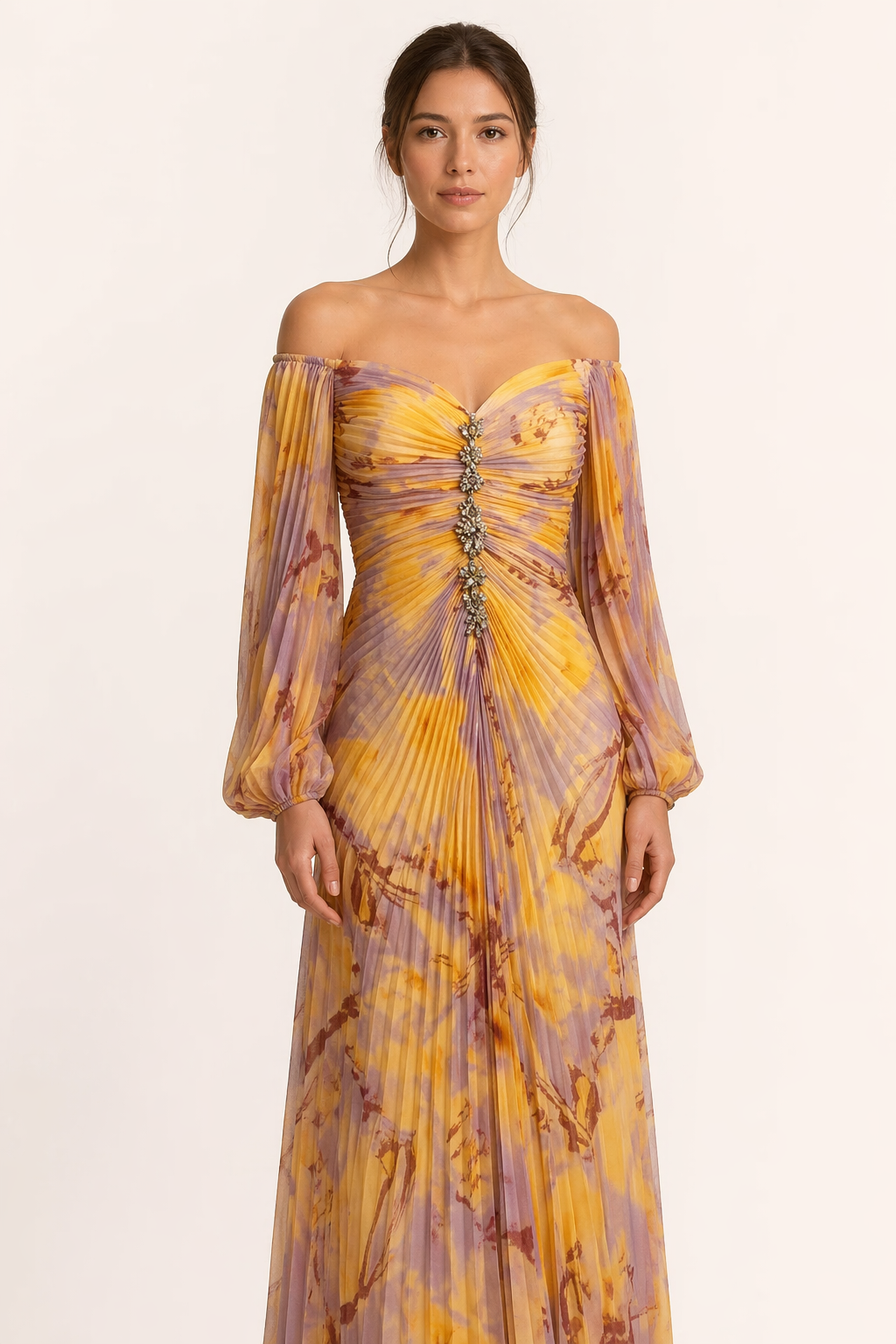 Lange elegante damesjurk met geplooide split - Lucia