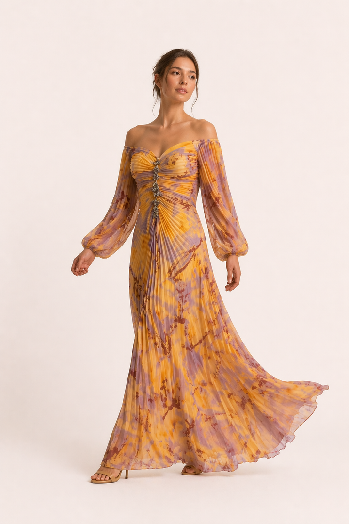 Lange elegante damesjurk met geplooide split - Lucia