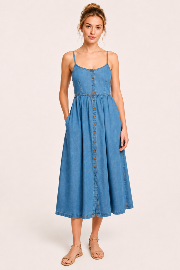 Dames midi denim jurk met knopen - Hanneli