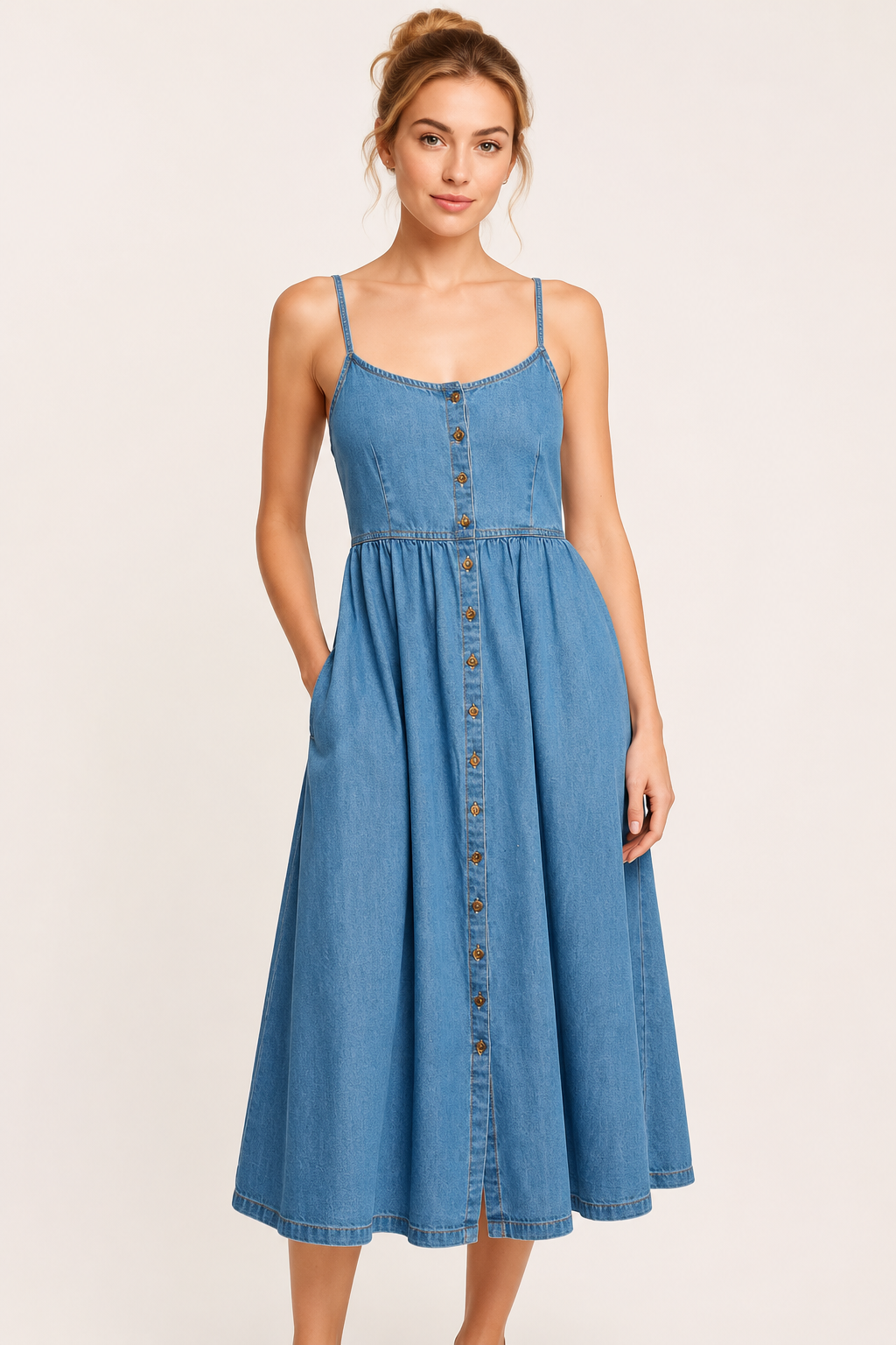 Dames midi denim jurk met knopen - Hanneli