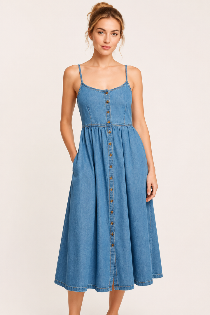 Dames midi denim jurk met knopen - Hanneli