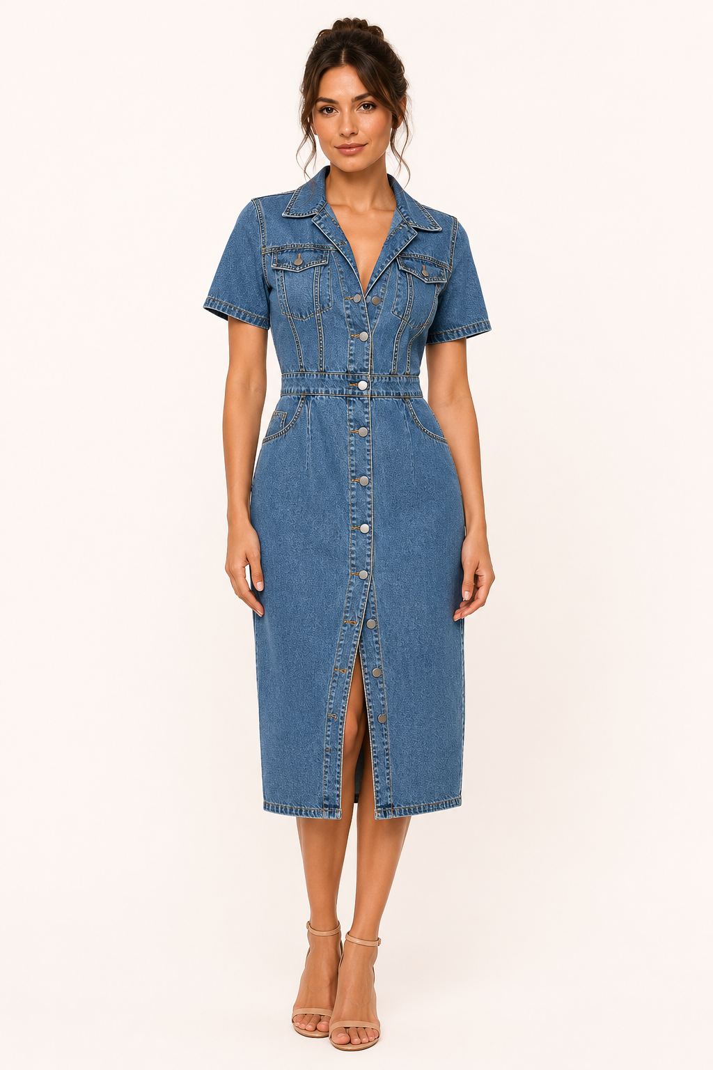 Dames denim midi-jurk met slim fit knopen - Elara