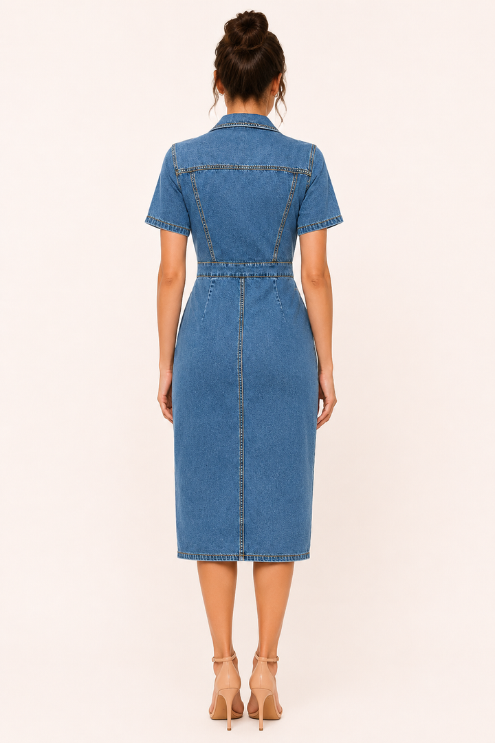 Dames denim midi-jurk met slim fit knopen - Elara