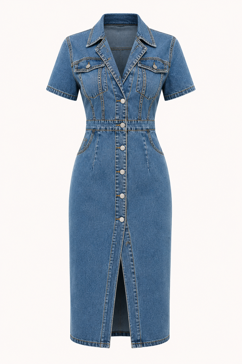 Dames denim midi-jurk met slim fit knopen - Elara