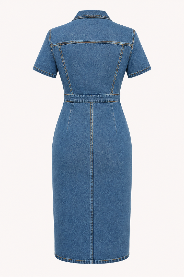 Dames denim midi-jurk met slim fit knopen - Elara