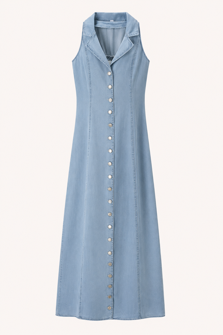 Lange mouwloze denim casual jurk met knoopsluiting - Elara