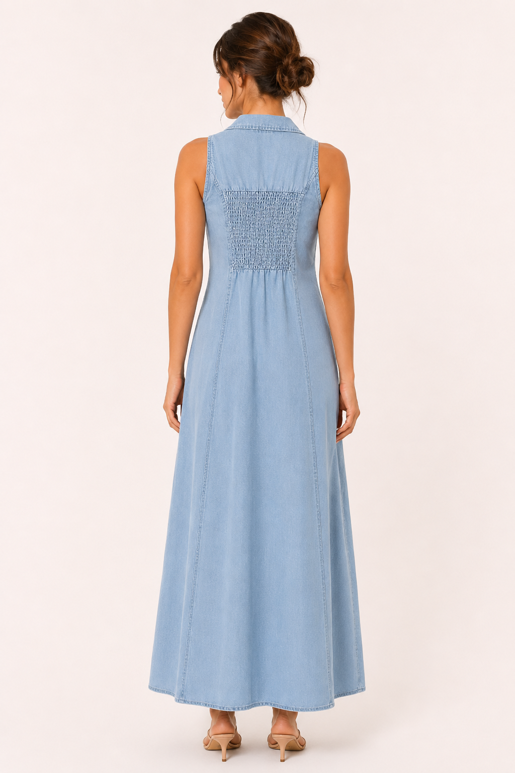 Lange mouwloze denim casual jurk met knoopsluiting - Elara