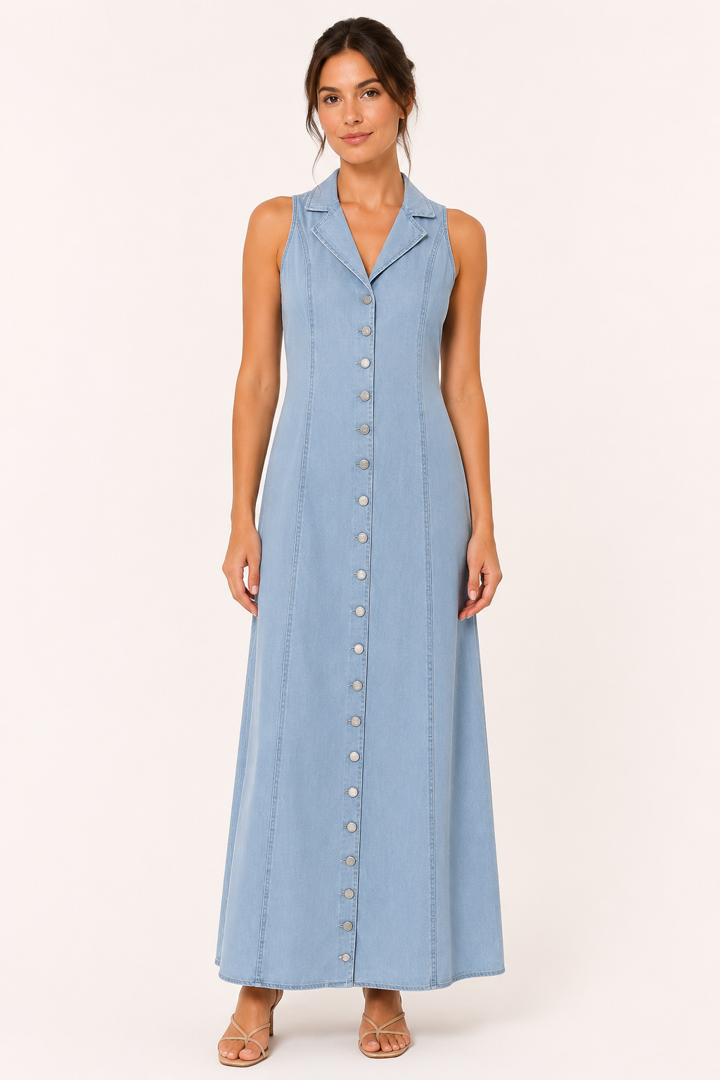 Lange mouwloze denim casual jurk met knoopsluiting - Elara