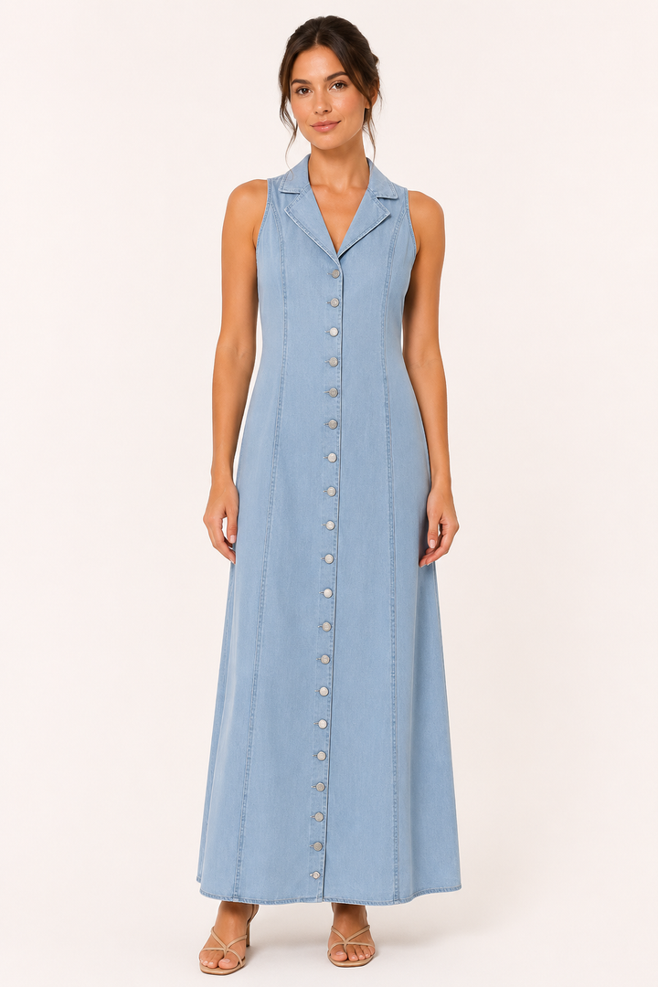 Lange mouwloze denim casual jurk met knoopsluiting - Elara