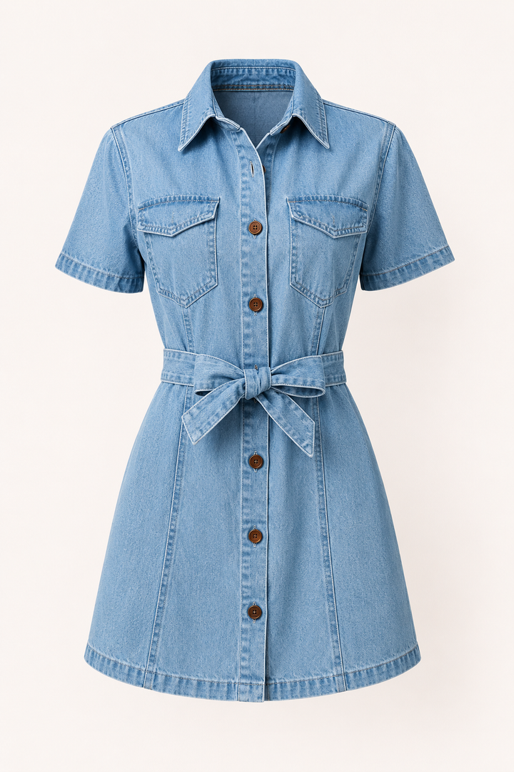 Korte jurk denim vrouw korte jurk knopen riem casual - Tabea