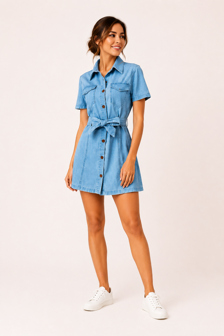 Korte jurk denim vrouw korte jurk knopen riem casual - Tabea