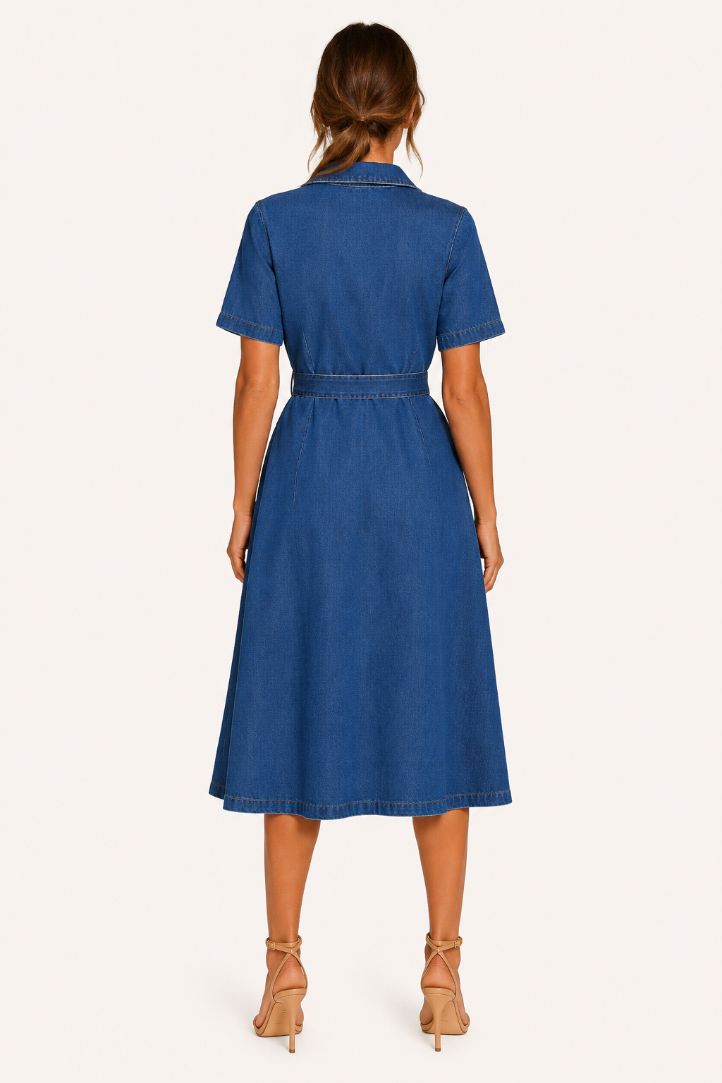 Dames midi-jurk denim casual met riemknopen - Klara