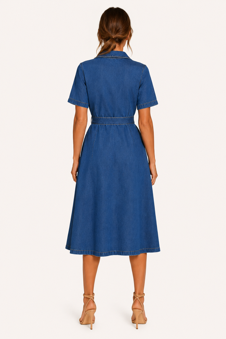 Dames midi-jurk denim casual met riemknopen - Klara