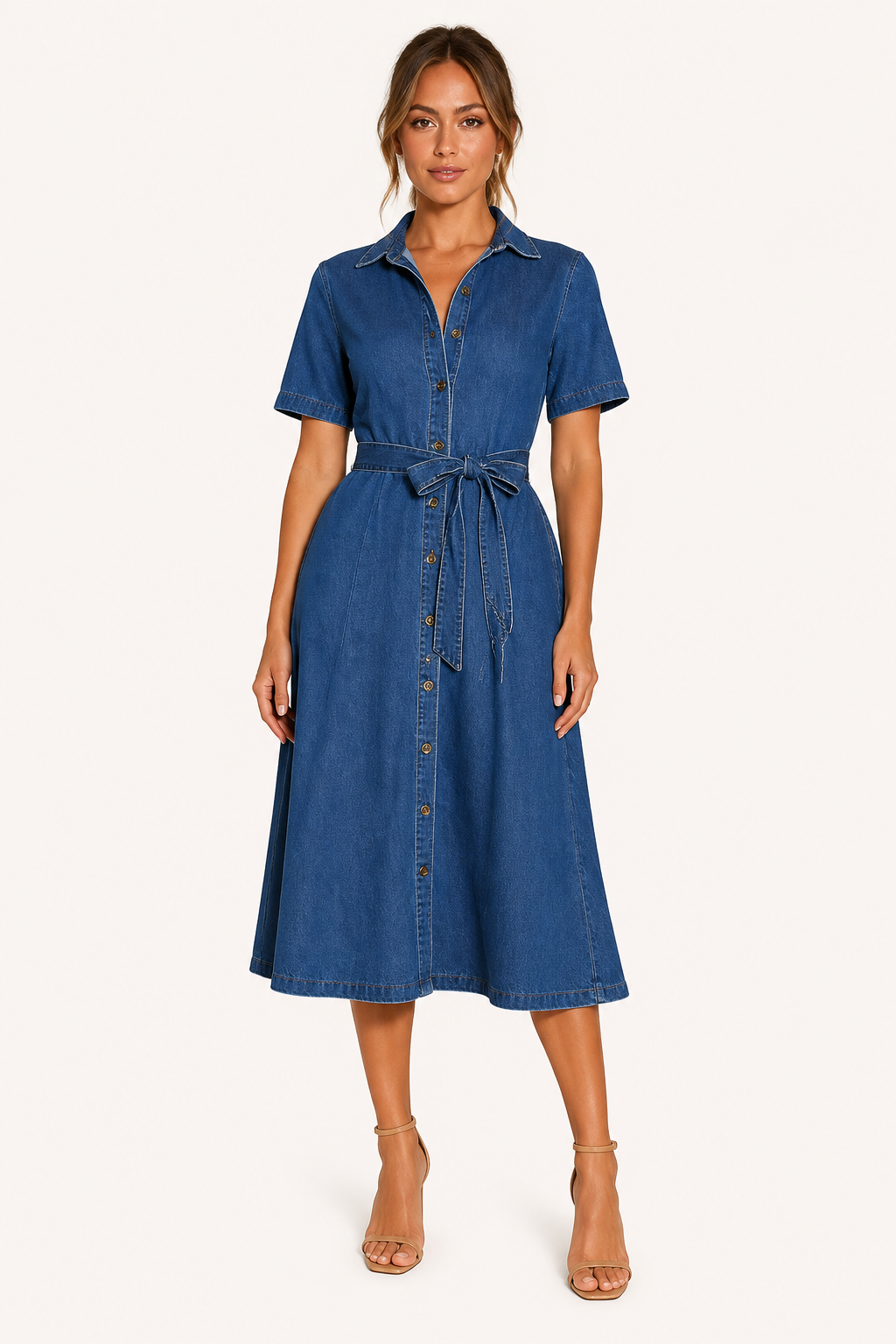Dames midi-jurk denim casual met riemknopen - Klara