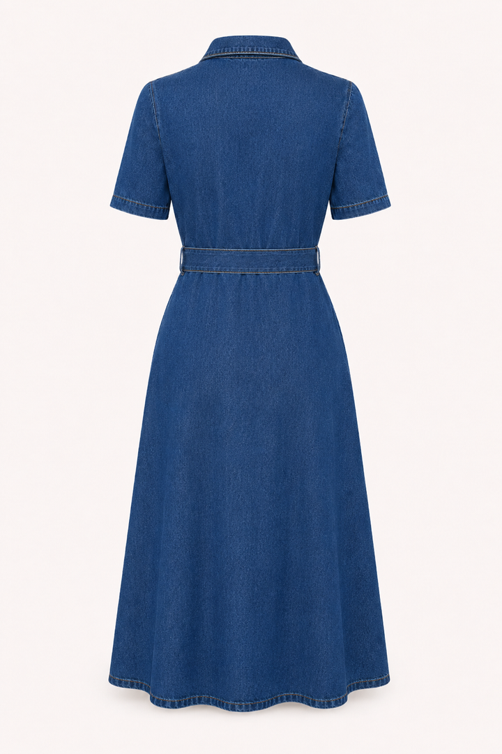 Dames midi-jurk denim casual met riemknopen - Klara
