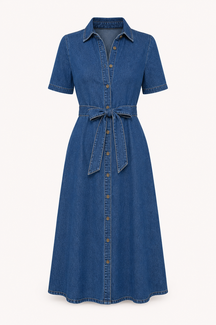 Dames midi-jurk denim casual met riemknopen - Klara
